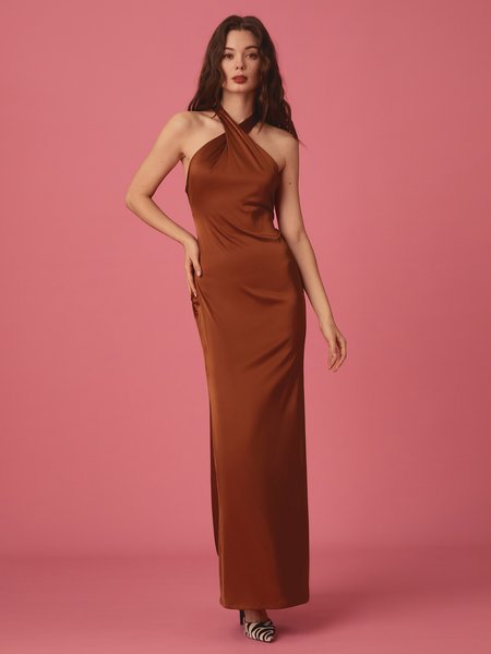 

Solid Cross Front Dress, Brown, Maxi Dresses