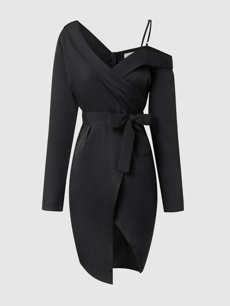 

Spaghetti Simple Asymmetric Dress, Black, Mini Dresses