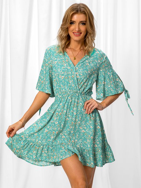 

Floral Short Sleeve A-Line Weaving Dress, Green, Dresses