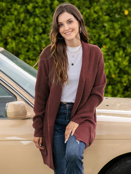 

Sweaters Knitted Solid Long Sleeve Cardigan, Red, Outerwear