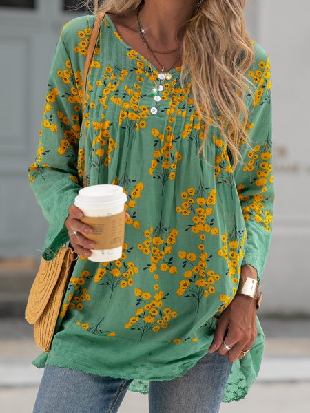 

A-line Maniche Lunghe Casuale Floreale Top, Verde, Blouses & Shirts