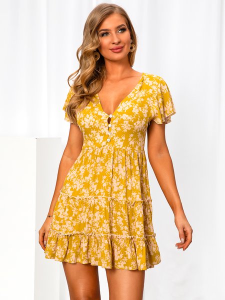 

Sweet Cotton A-Line V Neck Weaving Dress, Yellow, Dresses