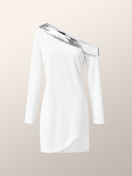 

One Shoulder Elegant Patchwork Formal Dress, White, Dresses