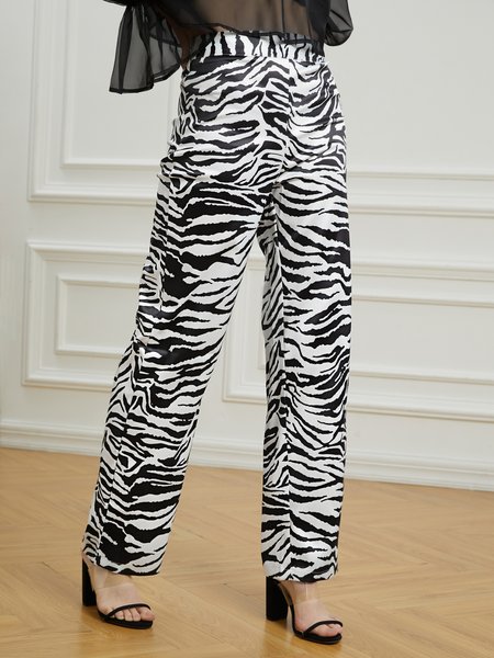 

Long Zebra Wide Leg Regular Fit Pants, Black-white, Pants