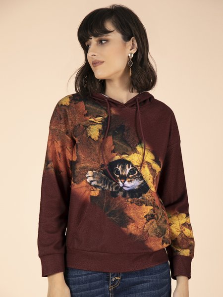 

Animal print long-sleeved cotton blend casual hoodie cat pattern sweatshirt, Brown, Sweatshirts & Hoodies