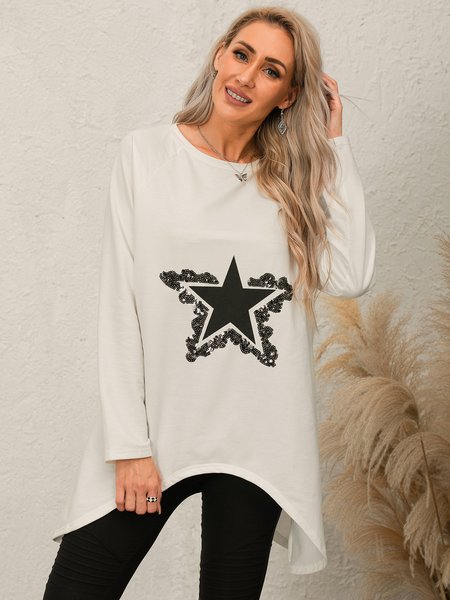 

Cotton-Blend Long Sleeve A-Line Casual Sweatshirt, White, Hoodies & Sweatshirts