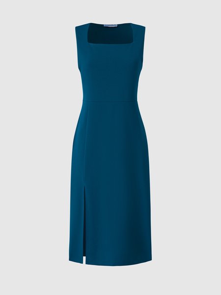 

Elegant Square Neck Solid Dress, Blue, Midi Dresses