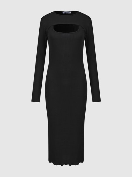 

Solid Elegant Dress, Black, Midi Dresses