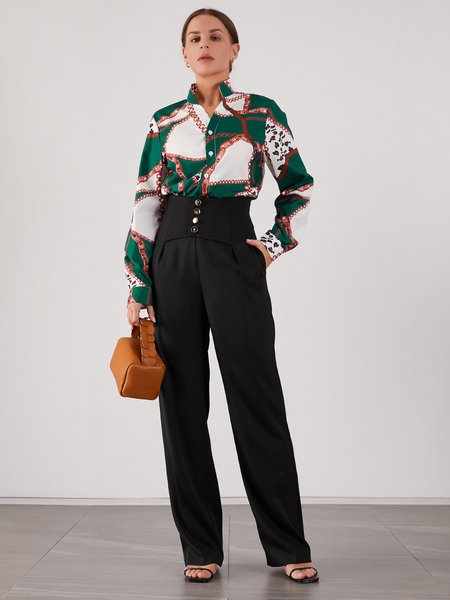 

Geometric Printed Stand Collar Top, Green, Blouses and Shirts