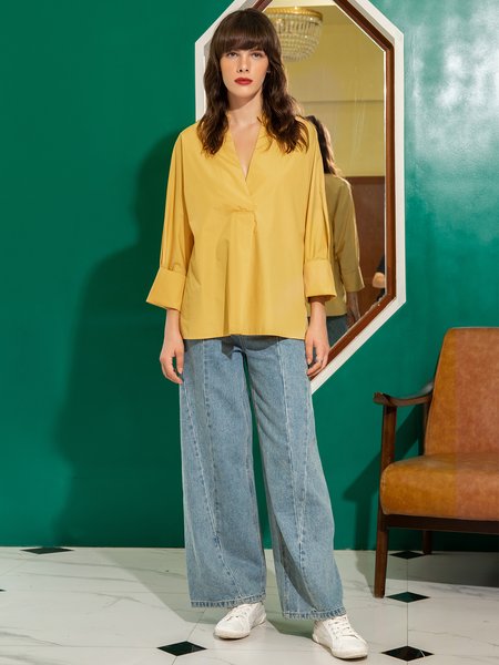 

Plain Stand Collar Elegant Long Sleeve Top, Yellow, Blouses and Shirts