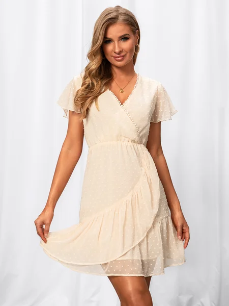 

Short Sleeve Polyester Fibre A-Line V Neck Weaving Dress, Apricot, Dresses