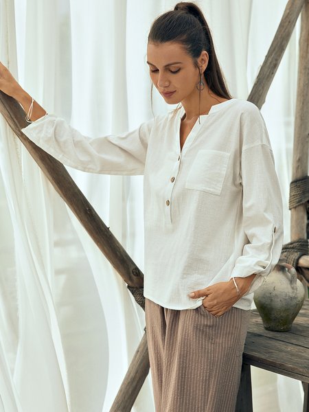 

Stand Collar Short Sleeve Plain Blouse, White, Blouses & Shirts