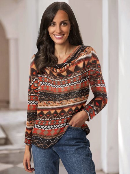 

Loosen Geometric Cowl Neck Shirts & Tops, Orange, T-Shirts