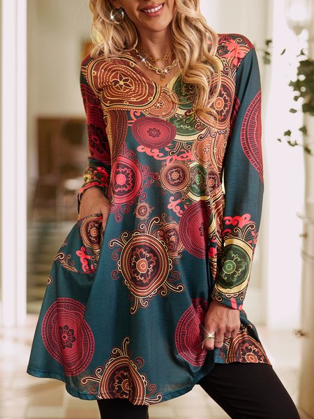 

Casual Paisley Long Sleeve V Neck Knitting Dress, Red, Mini Dresses