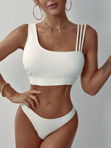 

Asymmetric Solid Rib Bikini Swimsuit, White, Bikini Sets