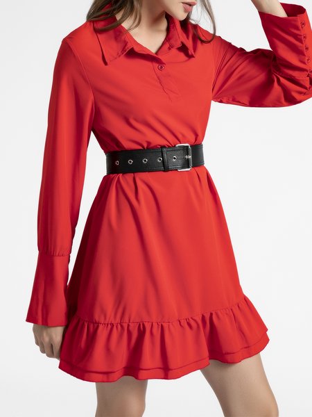 

Long Sleeve Casual Ruffled Stand Collar Dress, Red, Mini Dresses