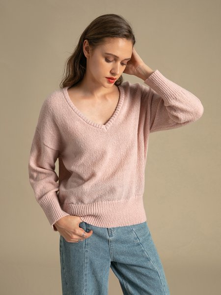 

Casual V Neck Plain Daily Loosen Sweater, Light purple, Pullovers