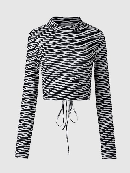 

Stand Collar Striped Statement T-shirt, Black white, Tees
