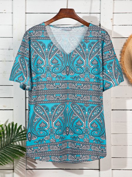 

Women's Plus Size L- Floral Tops V Neck T-Shirts Short Sleeve Casual Tees, Blue, T-Shirts