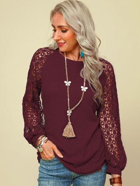 

Cotton-Blend Shift Long Sleeve Shirts & Tops, Wine red, Tops