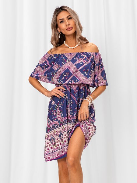 

A-Line Tribal Short Sleeve Sweet Weaving Dress, Purple, Dresses