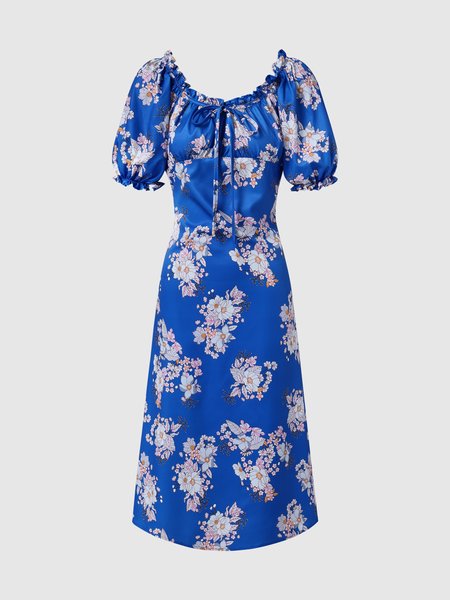 

Frill Sleeve Floral Square Neck Dress, Blue, Midi Dresses