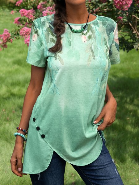 

Floral Short Sleeve Printed Cotton-blend Crew Neck Vintage Summer Green Top, T-Shirts