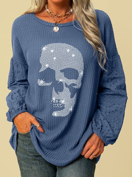 

Casual Long Sleeve Skull Shirts & Tops, Blue, T-Shirts