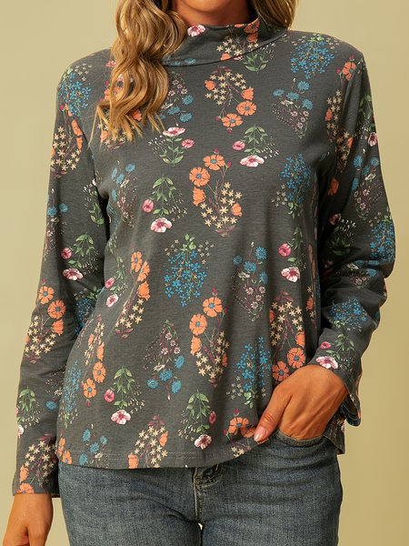

long sleeve floral turtleneck shirts & tops, Deep gray, T-Shirts