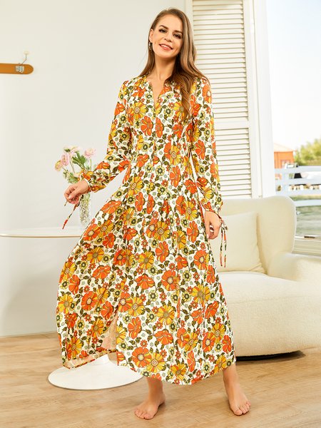 

Sunflower Casual Loosen Bishop Sleeve Dresses Sunflower floral waist dress, Light orange, Floral Dresses