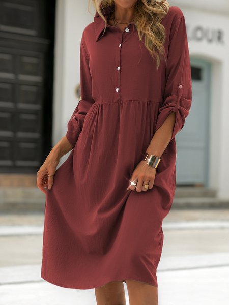 

Colletto a Camicia Dritto Maniche Lunghe Misto Cotone Abito, Rosso mattone, Midi Dresses