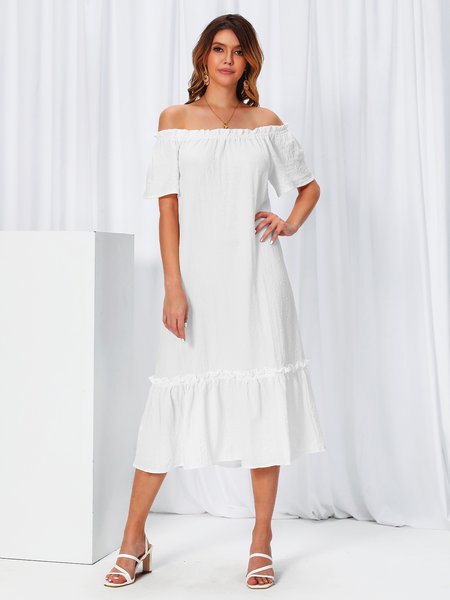 

Off Shoulder Short Sleeve Sweet Weaving Dress, White, Dresses