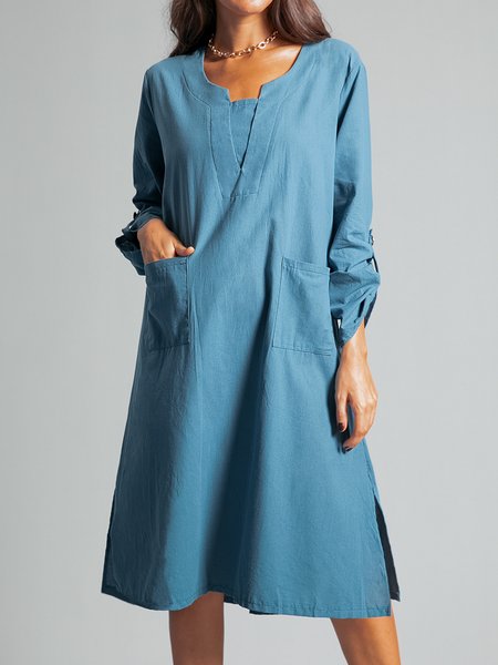 

Vintage Solid Cotton-linen A-Line Dresses, Blue, Dresses