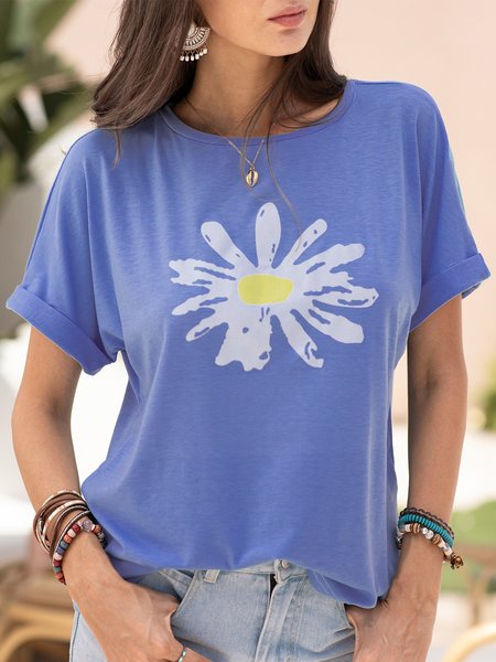 

Blue Floral-Print Holiday Short Sleeve T-Shirts, T-Shirts