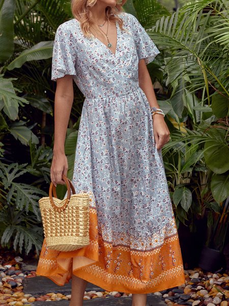 

Cotton-Blend Short Sleeve Weaving Dress, Green, Floral Dresses