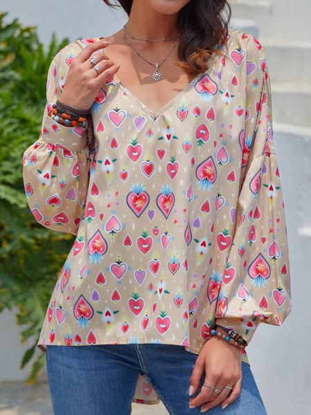 

Casual Long Sleeve Printed V Neck Tops, As picture, T-Shirts