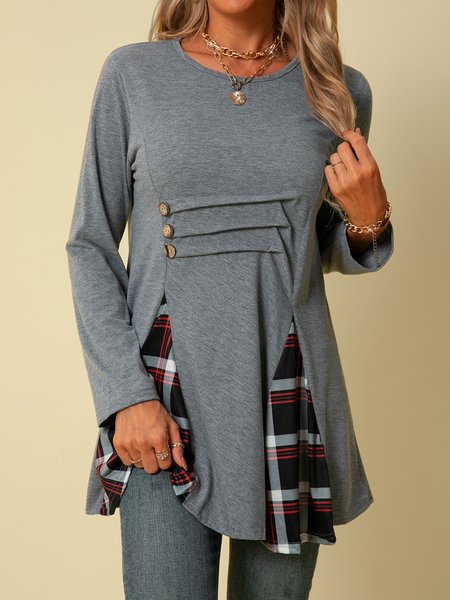 

Vintage Maniche Lunghe a quadri Girocollo Abito, Grigio, Mini Dresses
