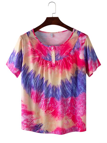 

V Neck Casual Ombre/tie-Dye Cotton Tops, Red blue, T-Shirts