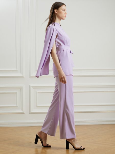 

Spring Long sleeve Plain Elegant Top With Pants Work Formal Two Piece Sets, Purple, Bottoms
