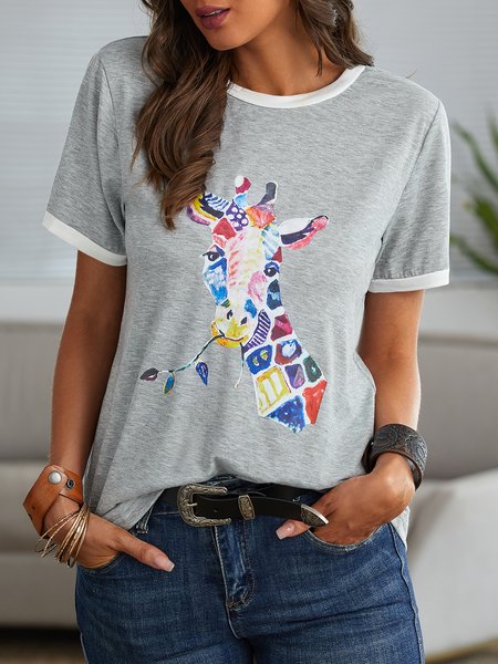 

Women's T-shirt Graphic Prints Round Neck Tops Basic Top, Gray, Tops