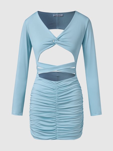 

V Neck Regular Fit Casual Knitting Dress, Lightblue, Mini Dresses