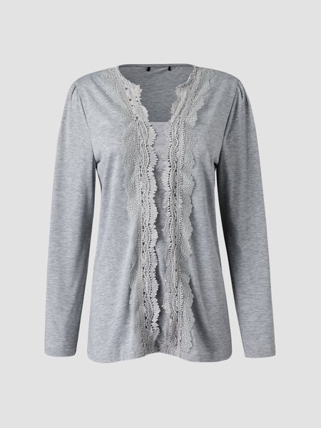 

V-neck lace long sleeve plain knit top T-shirt, Light gray, Auto-clearance