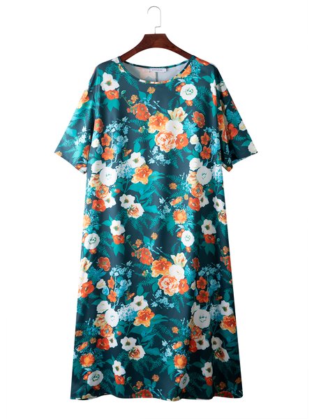 

Plus Size Short Sleeve Floral Cotton Casual Weaving Dress, Green, Floral Dresses