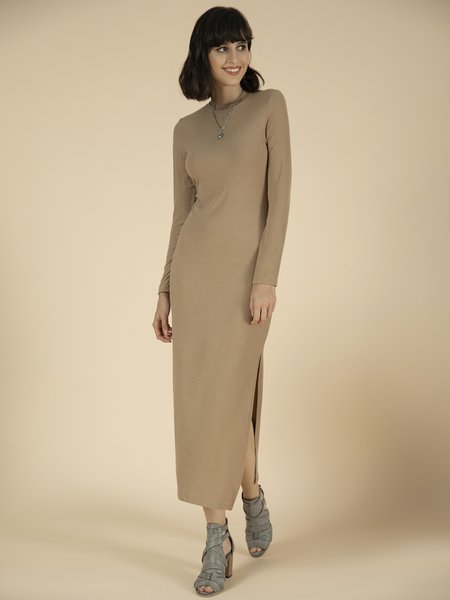 

Crew Neck Vintage Shift Long Dresses, Khaki, Casual Dresses