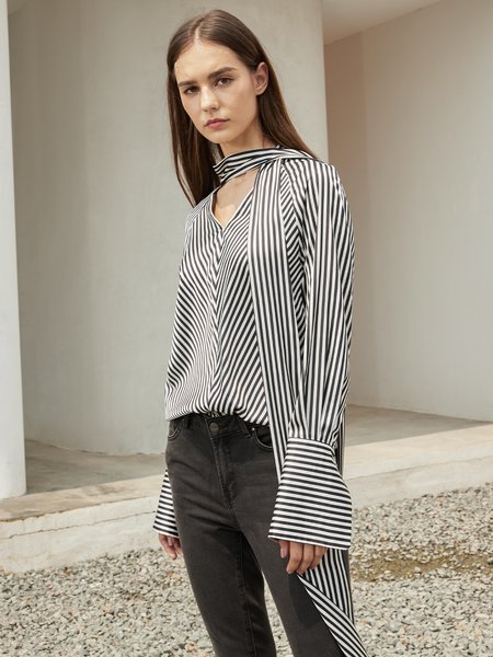 

Elegant Shift Long Sleeve Tie-Neck Top, As picture, Blouses and Shirts