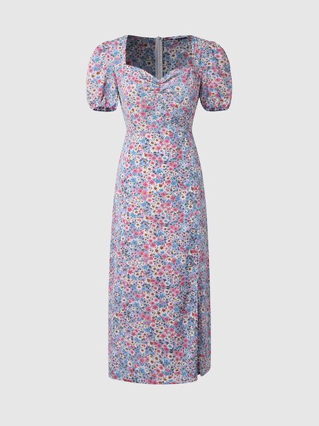 

Puff Sleeve Floral Elegant Weaving Dress, Blue, Maxi Dresses