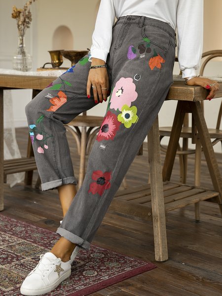 

All Season Denim Floral Casual Pants, Gray, Pants