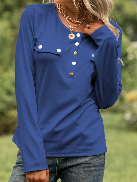 

Casual Long Sleeve V Neck Plain Shirts & Tops, Blue, Blouses & Shirts