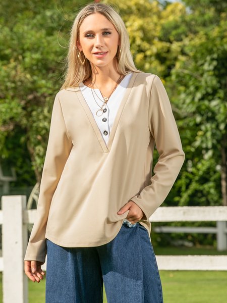 

V Neck Casual Shift Color-Block Shirts & Tops, Khaki, Tees & T-shirts