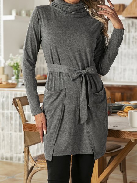

Casual Long Sleeve Cotton-Blend Dresses, Deep gray, Mini Dresses